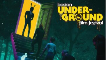 The Boston Underground Film Festival poster image shows a man in a bunny mask standing in front of a bright doorway at the top of a staircase that people are walking up out in the woods.