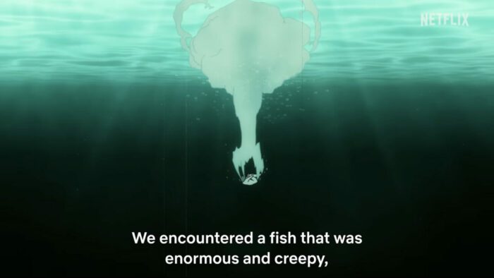 Someone dives into the ocean, with the subtitle "We encountered a fish that was enormous and creepy" below it.