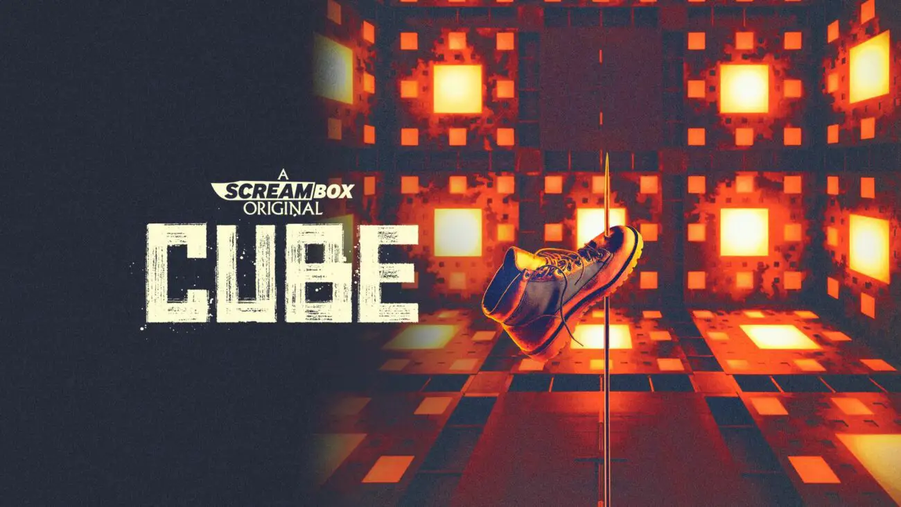 Poster for Cube, a shoe is stabbed through by a metal rod