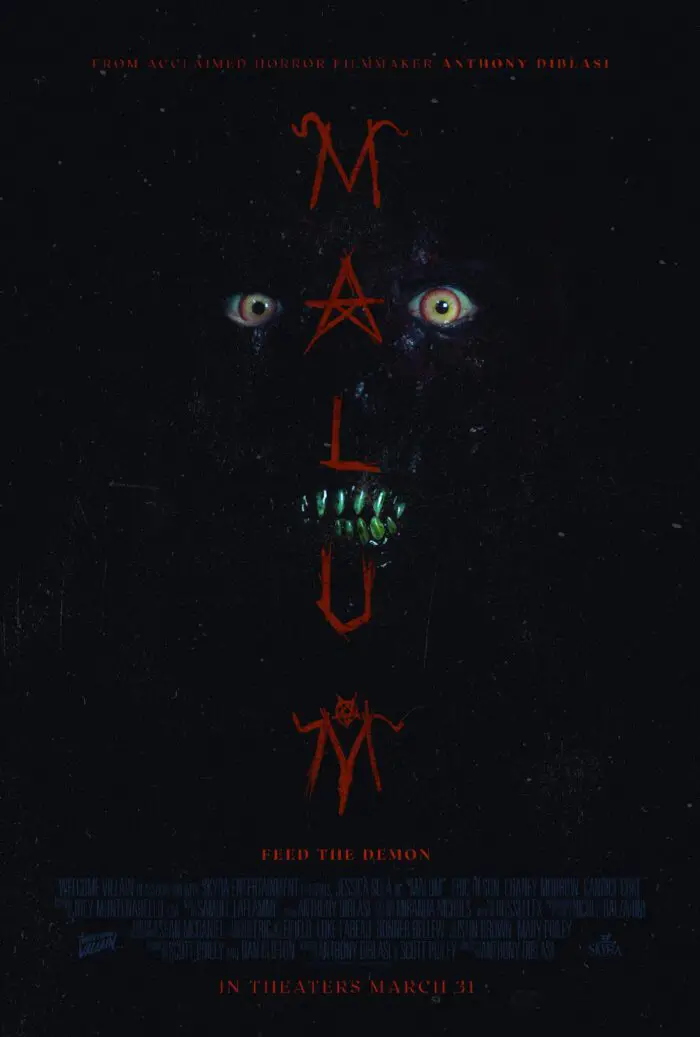 Poster for Malum. A hideously obscured face has the title "MALUM" overlayed