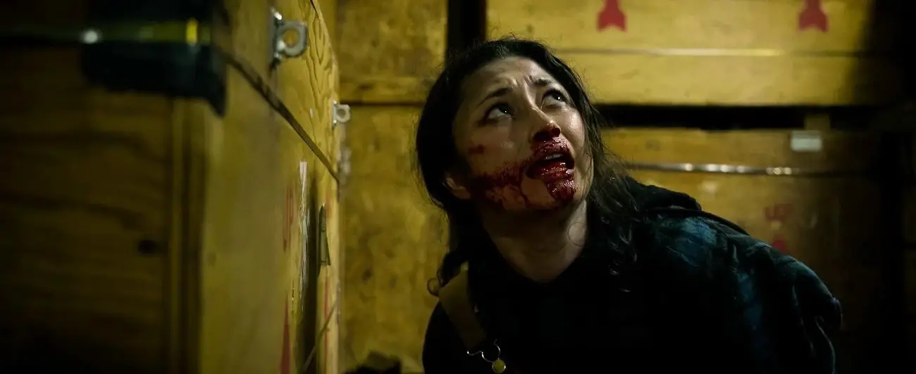 Karen, bloodied and bruised, is looking up at her attacker in fear.