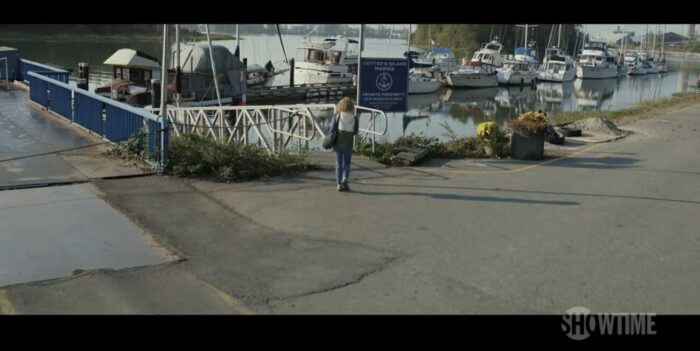 Misty walks up to a marina