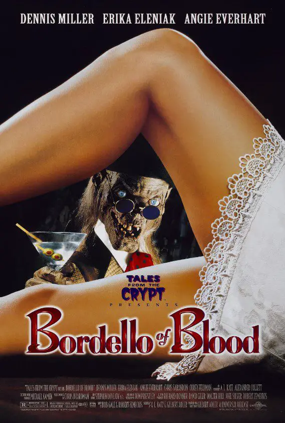 The poster for Tales from the Crypt Presents Bordello of Blood shows the Cryptkeeper drinking a martini through the legs of a vamp.