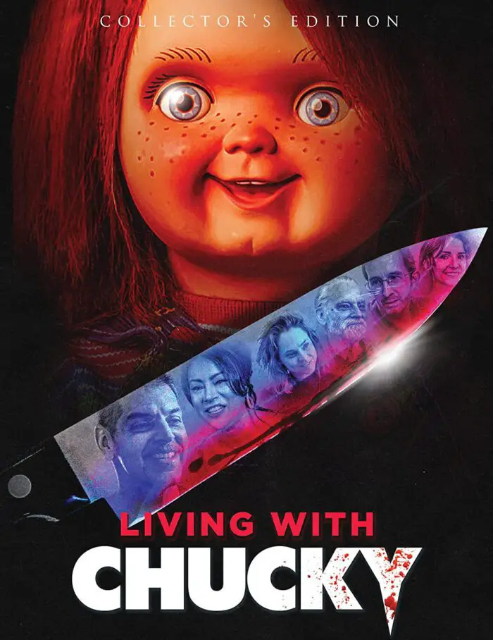 The poster for Living With Chucky shows the Chucky doll smiling over a bloody knife reflecting the images of the Child's Play and Chucky films' cast and crew.