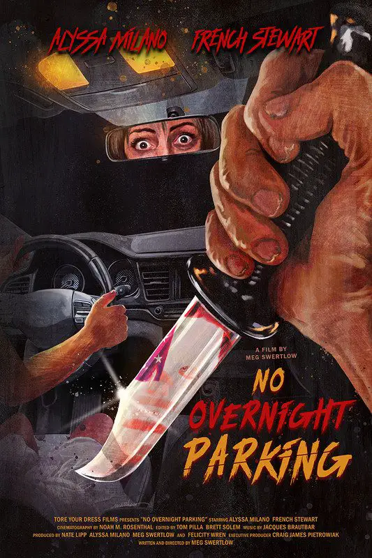 poster for No Overnight Parking shows a hand holding a bloody knife in the back seat of a car, the eyes of the driver in the rearview mirror look scared.