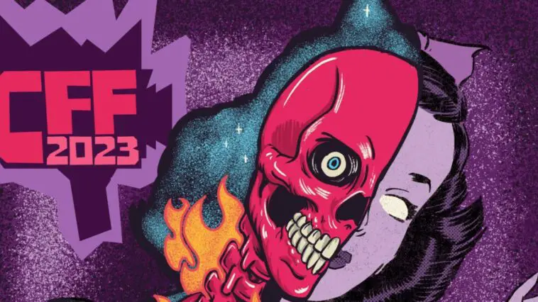 A woman's fiery, red skull is shown on her left side while her skin remains on the right in the Chattanooga Film Festival 2023 poster