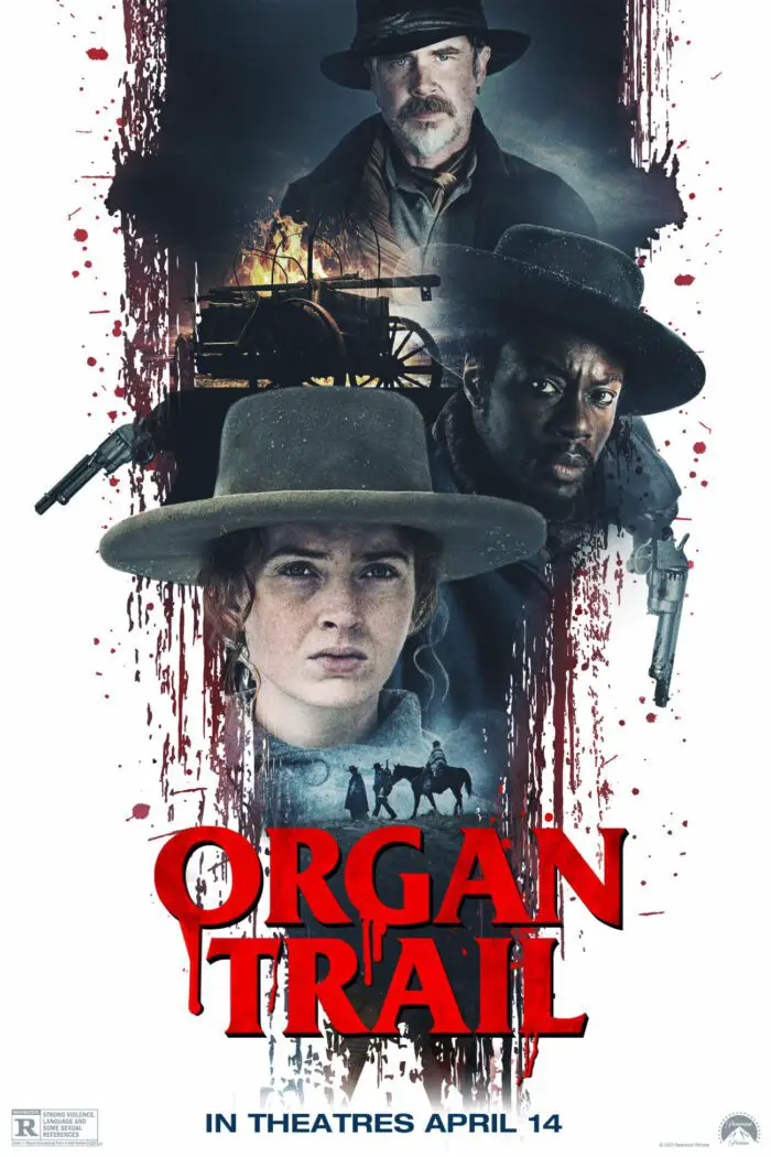 The Poster for Organ Trail is a bloody wound with the faces of Sam Trammell, Clé Bennett, and Zoé De Grand Maison bleeding out.