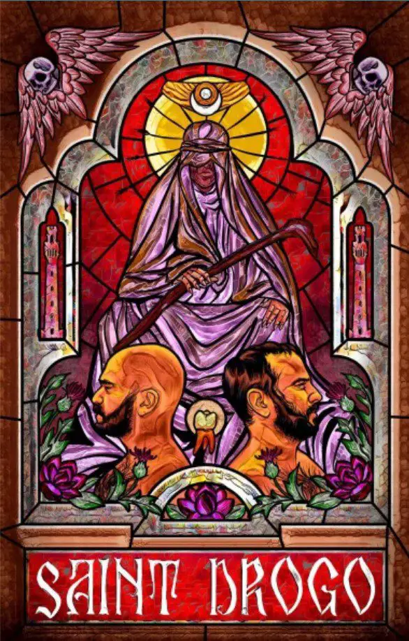 The poster for Saint Drogo shows astained glass portrait of a saintly figure with a scythe above Adrian and Caleb's faces looking in opposing directions.