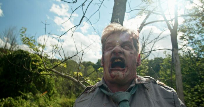 a zombie in the forest on a beautiful day