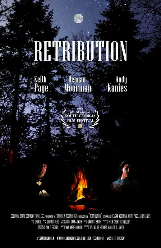 The poster for Retribution shows two men in the woods sitting around a campfire