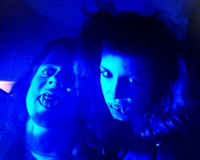 Bryan Kovacs and Annie Mikan as vampires in a dream sequence in Hard Rock Nightmare (1988). Screen capture off Shudder.