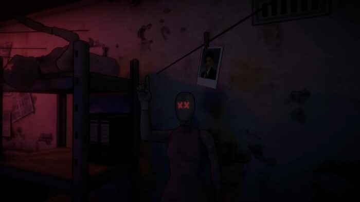 A hidden room in the basement of the radio station, a mannequin has neon red x's over its eyes