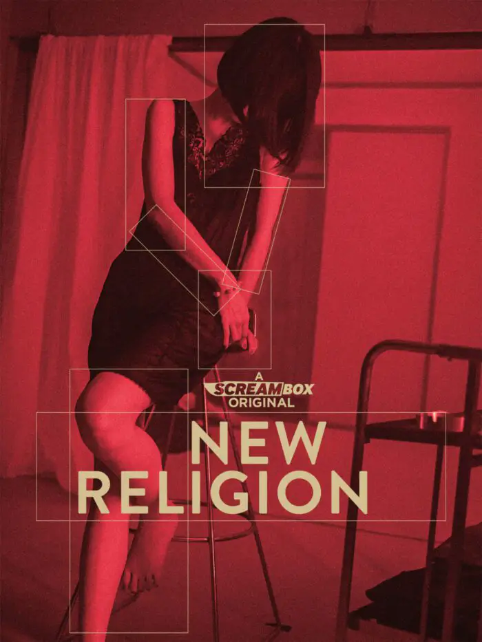 Screambox poster for New Preligion shows Miyabi zipping her dress over her thigh in a red room.