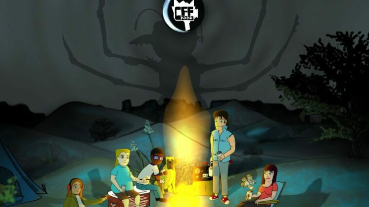 A group of kids sit around the campfire making smores, drinking, lounging while an ominous shadow lurks over them in The Weird Kidz
