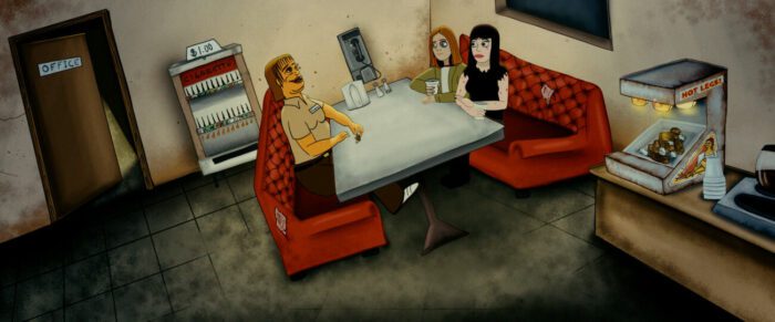 A woman sits on one side of a restaurant booth across from Mary and Mel in The Weird Kidz