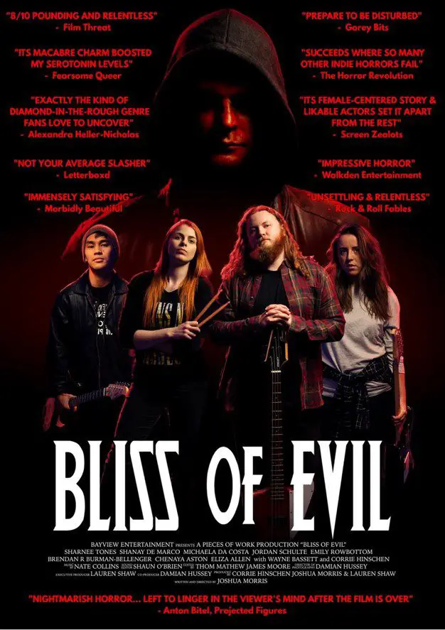 The Poster for Bliss of Evil highlights critical acclaim as Bloodface looms over the band members he stalks