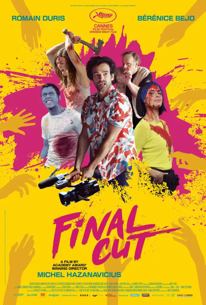 the yellow poster for the film Final Cut shows the cast in a pink splatter