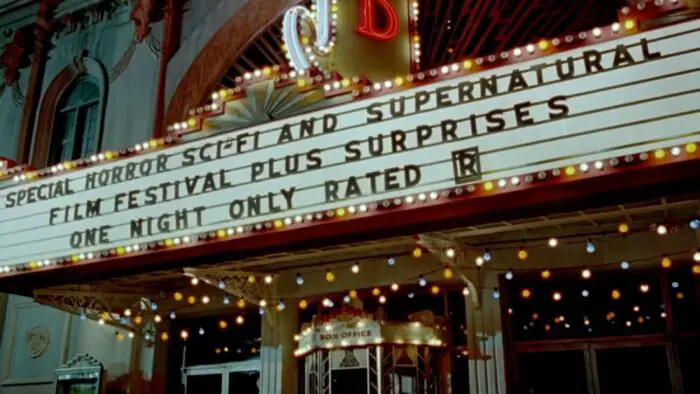 The marquee of the theater that is hosting the movie marathon