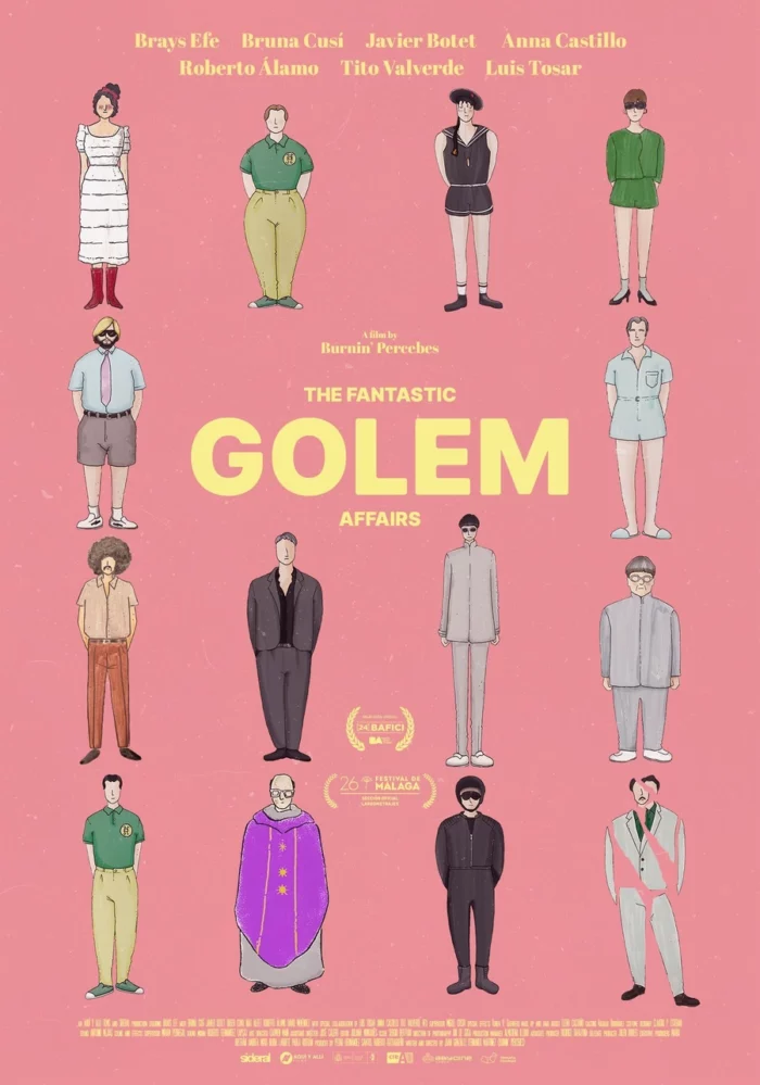 The poster for The Fantastic Golem Affairs is pink with every character animated seperately.