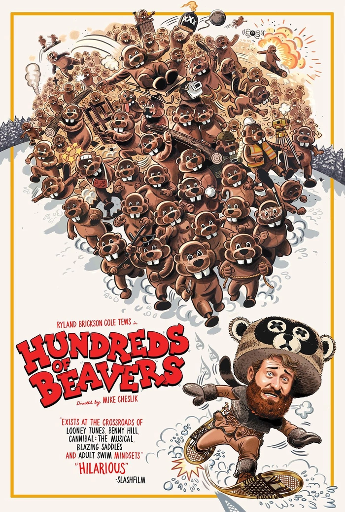 The poster for Hundreds of Beavers shows an animated Jean Kayak running away from an onslaught of the creatures.