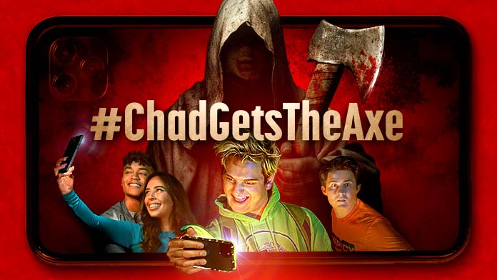 Poster for #ChadGetsTheAxe shows the four streamers with a hooded axe figure behind them