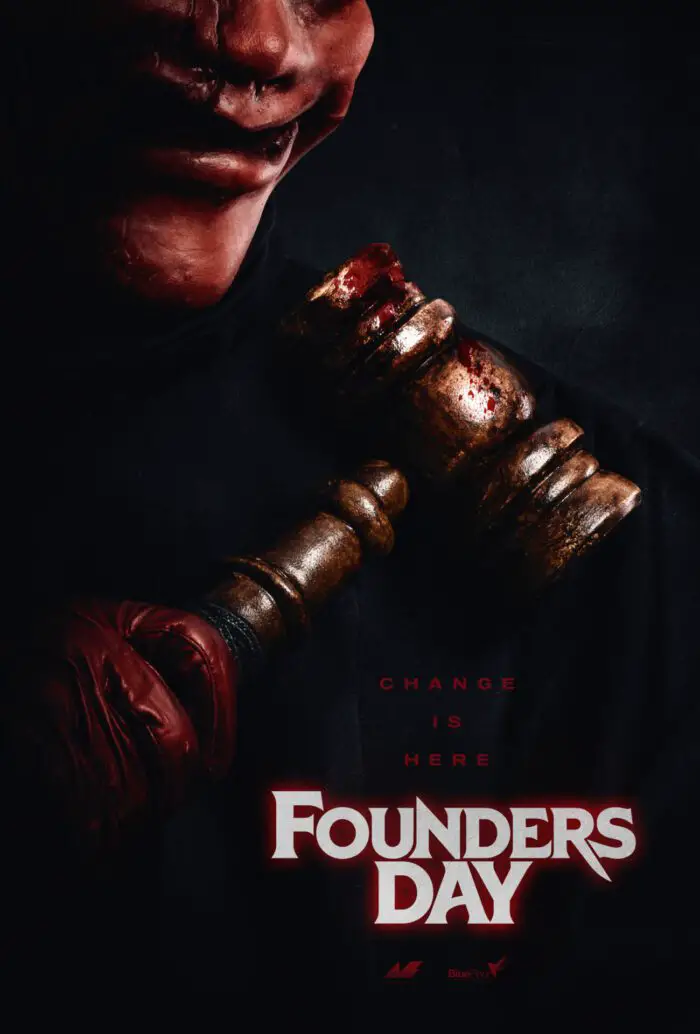 A person holding a gavel wearing a mask is presented on the poster for Founders Day