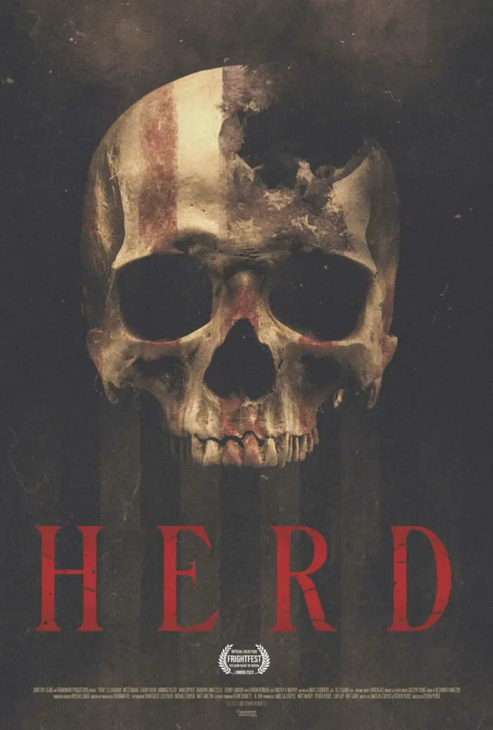 The american flag can be seen on a skull with a crack on its left side on the Herd poster