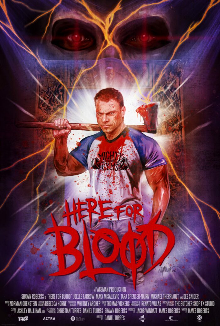 The poster for Here for Blood shows a man in a blue and white baseball tee that's soaked in blood hoisting an ax over his shoulder while eyes watch in the distance of a portal spilling light 