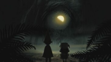 Wirt and Gregory walk through the dark forest, only lit by a crescent moon.