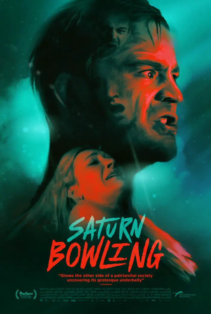 The Saturn Bowling poster shows a man's red-hued face against a green backdrop, other faces are shown down his silhouette
