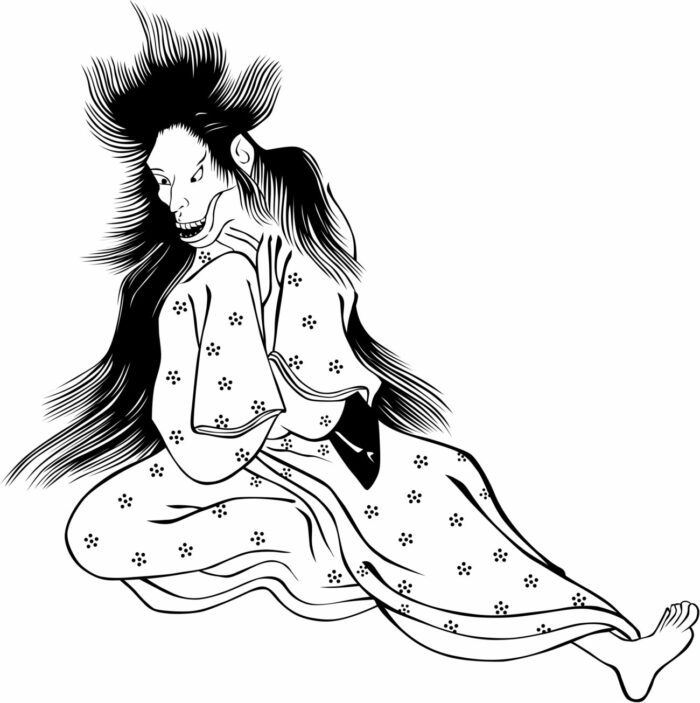 A black and white illustration of a mythical female creature from Japanese folklore, known as 'Kuchisake-onna'.