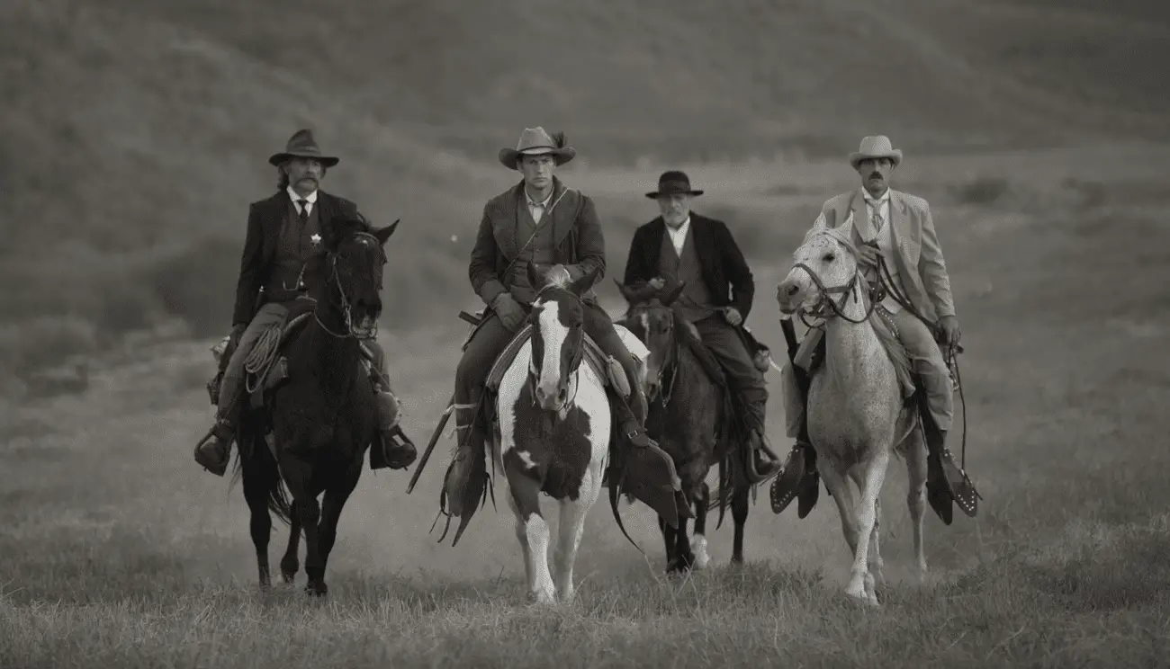 Four cowboys riding horses through a dusty landscape. The leading cowboy, on a black horse, wears a dark vest and a brown hat. Next to him, a man on a piebald horse is dressed in a brown jacket and hat. Behind them, two riders follow: one on a dark horse wearing a black suit and bowler hat, and the other on a light gray horse, clad in a cream suit and white hat. The scene evokes a sense of adventure and grit, characteristic of the Wild West era.