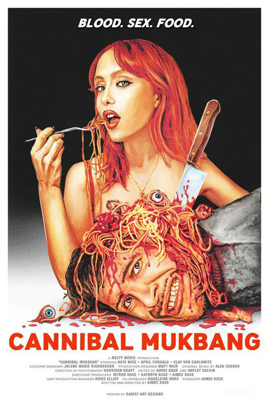 A promotional poster for the 2023 movie 'Cannibal Mukbang.' The poster features a highly stylized, provocative image with a horror theme. In the foreground, a woman with red hair is eating noodles, with a knife embedded in her shoulder and an eyeball among the noodles, implying cannibalism. Beneath her is the head of a man, looking up with a distressed expression, noodles draped over and around his face. The poster's colors are vivid, with a strong contrast between the bright reds of the blood and noodles and the pale tones of the characters' skin.