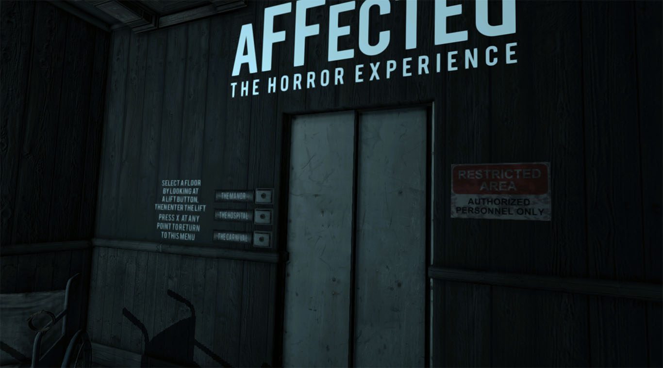 A dimly lit elevator with the text "AFFECTED: THE HORROR EXPERIENCE" above it. Beside the elevator are buttons labeled "THE MANOR," "THE HOSPITAL," and "THE CARNIVAL." There is also a "Restricted Area: Authorized Personnel Only" sign on the wall.