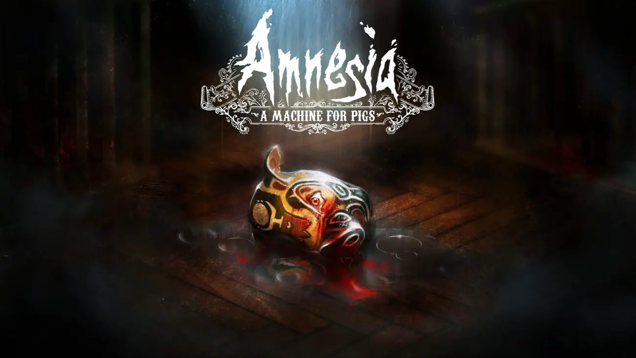 A dark, atmospheric scene featuring a bloodied, intricately designed pig mask lying on a wooden floor. The title "Amnesia: A Machine for Pigs" is displayed in ornate, white letters at the top.