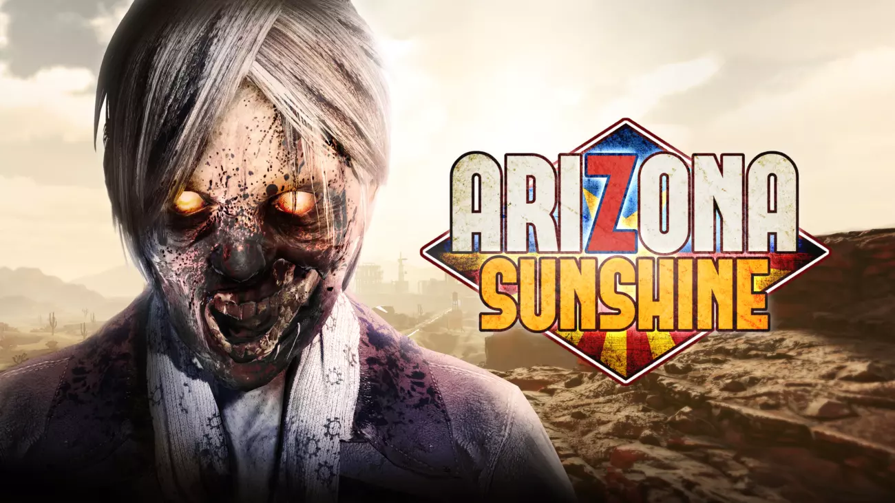 A close-up of a terrifying zombie with glowing eyes and decayed skin, set against a desert backdrop. The title "Arizona Sunshine" is displayed in bold, distressed letters to the right.