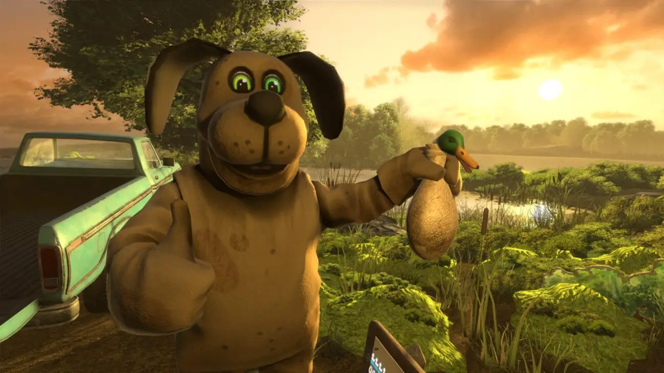 A mascot-like dog holding a duck and giving a thumbs-up, standing near a truck in a rural landscape during sunset.