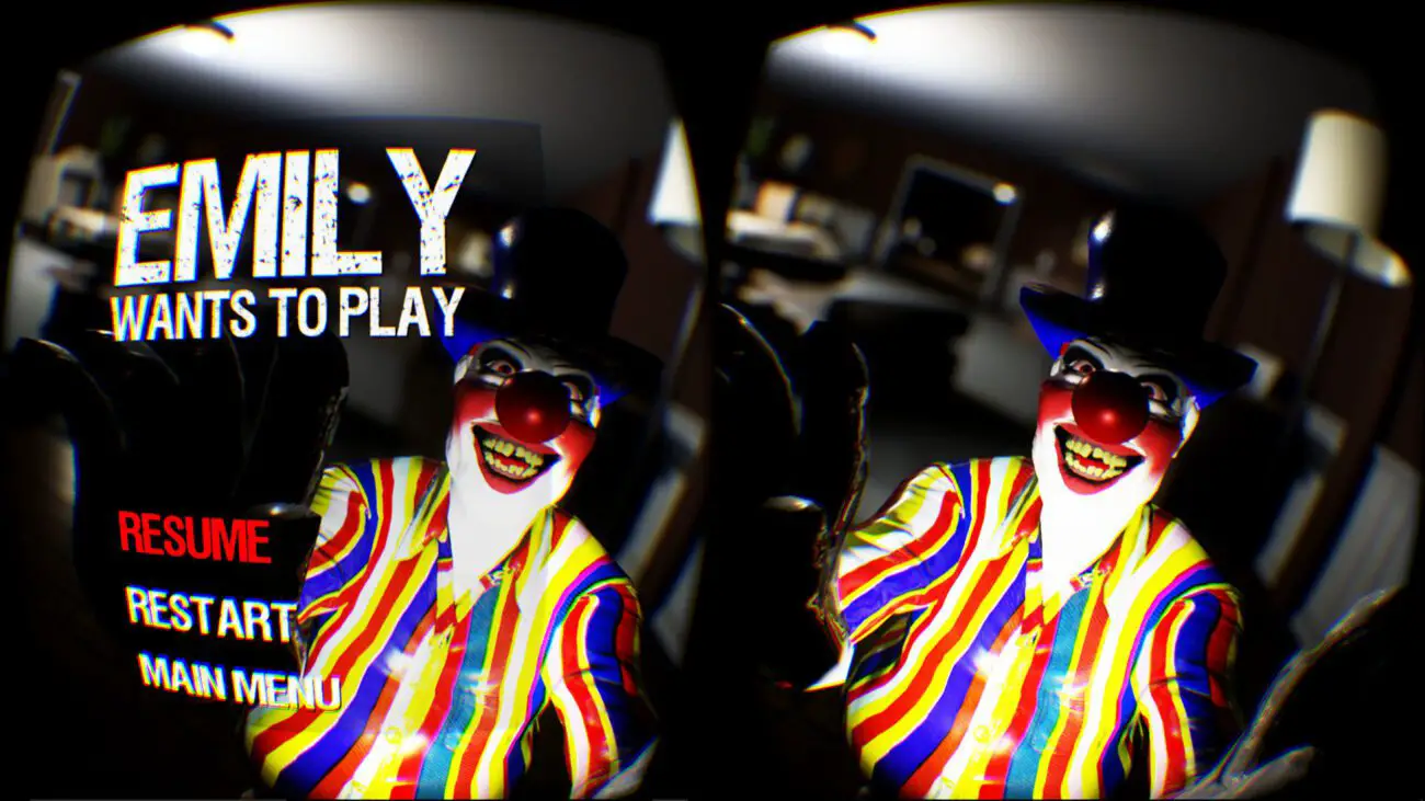 A menacing clown with a wide grin and top hat stares directly at the viewer in a dimly lit room. The game menu options are displayed on the left side of the screen, with the title "Emily Wants to Play" in large, bold letters.