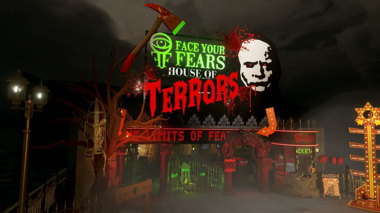 A spooky carnival entrance with a sign that reads "Face Your Fears House of Terrors" featuring a menacing face and blood splatters.