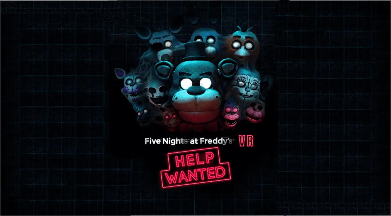 A group of animatronic characters with glowing eyes, including a bear, fox, and chicken, standing in a dark environment. The title "Five Nights at Freddy's VR: Help Wanted" is displayed in bold letters.