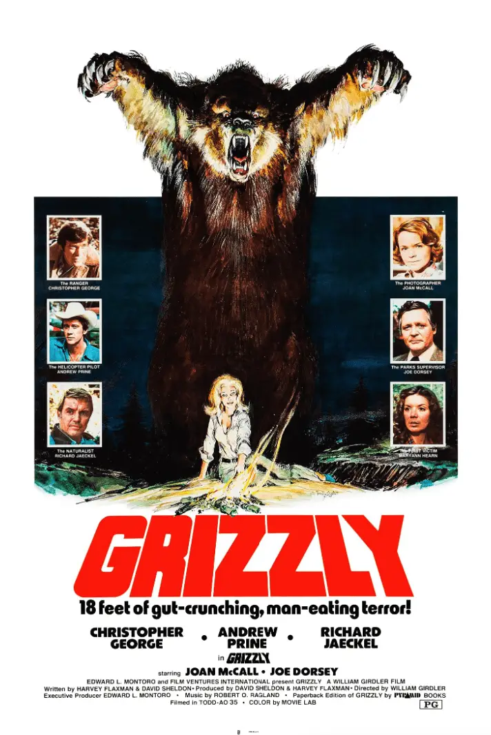 A ferocious, towering grizzly bear standing on its hind legs with its claws extended and mouth open, ready to attack. Inset images show the film's main characters in "Grizzly."