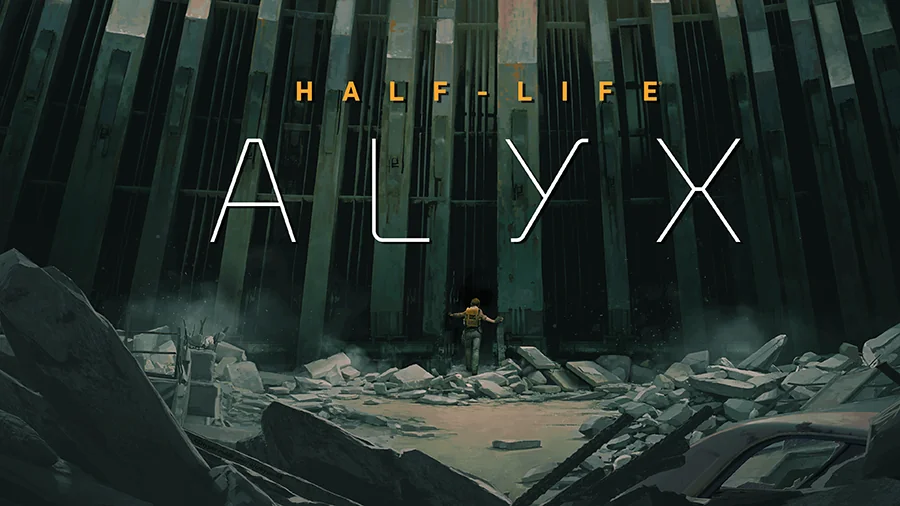 A figure stands amidst rubble and debris in front of a massive, imposing structure. The title "Half-Life: Alyx" is displayed prominently above the figure.