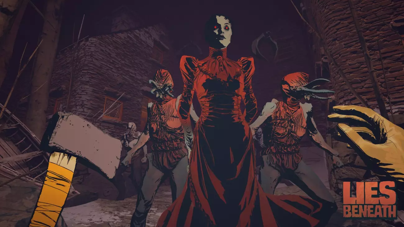 A stylized, dark comic book-like scene featuring a woman in a red dress with glowing red eyes, flanked by monstrous creatures. The title "Lies Beneath" is displayed in the bottom right corner.