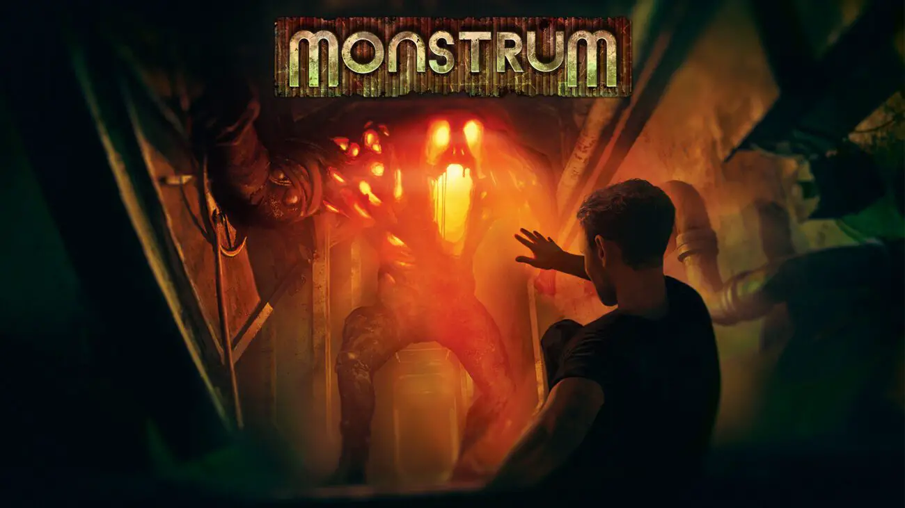 A person in a dark, industrial environment facing a glowing, monstrous creature with multiple glowing eyes and mouths.