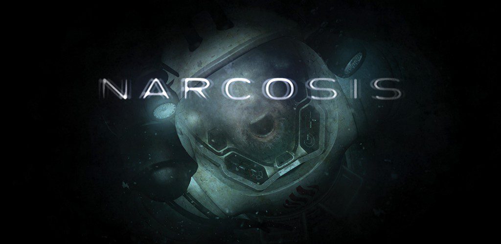 A dark, underwater scene with a deep-sea diver's helmet glowing faintly. The title "Narcosis" is displayed above the helmet in a hazy font.