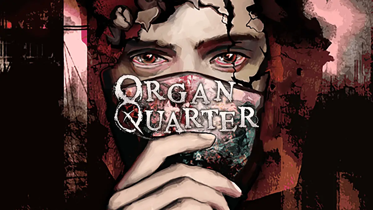 A haunting image of a person with a cracked face wearing a surgical mask, set against a dark, abstract background. The title "Organ Quarter" is prominently displayed across the mask.