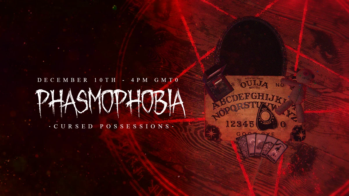 Dimly-lit scene with a Ouija board, voodoo doll, and tarot cards arranged on a wooden table, surrounded by a pentagram. The title "Phasmophobia: Cursed Possessions" is displayed prominently.