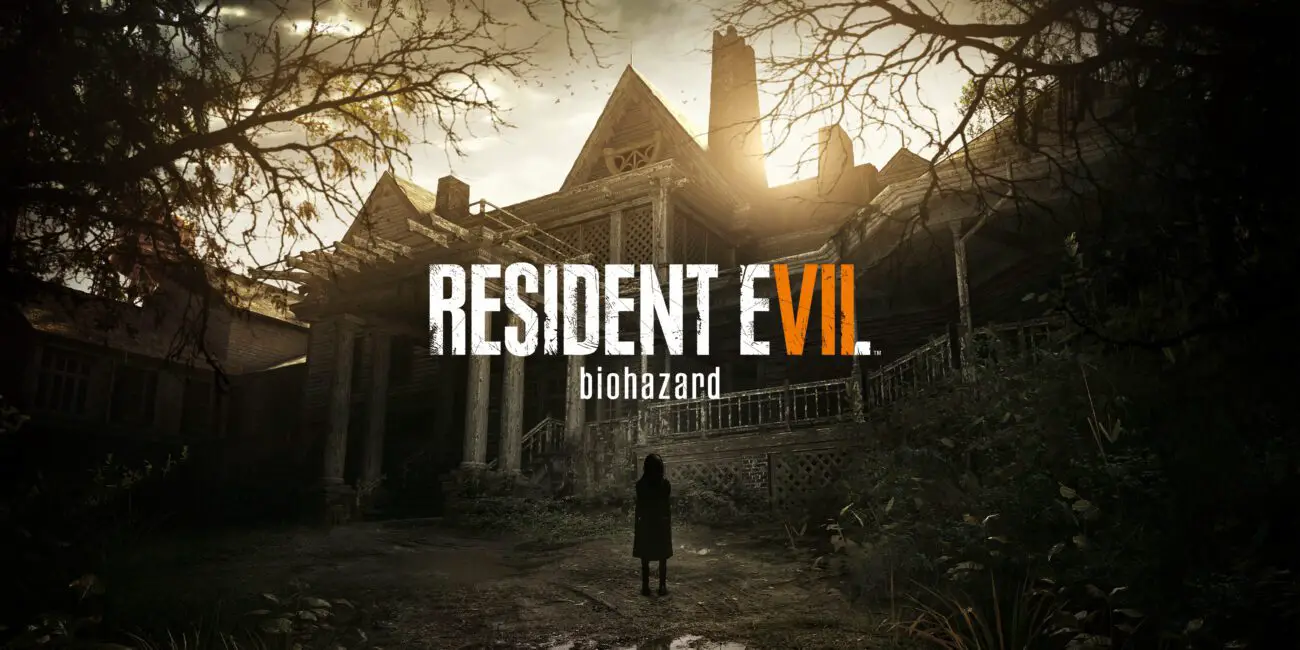 A desolate, abandoned mansion looms in the background, shrouded by bare, twisted tree branches under a gloomy, overcast sky. The mansion's architecture is dilapidated, with cracked pillars and broken windows. In the foreground, a lone figure dressed in dark clothing stands facing the mansion, adding a sense of foreboding and mystery. The title "Resident Evil 7: Biohazard" is prominently displayed in distressed, bold letters.