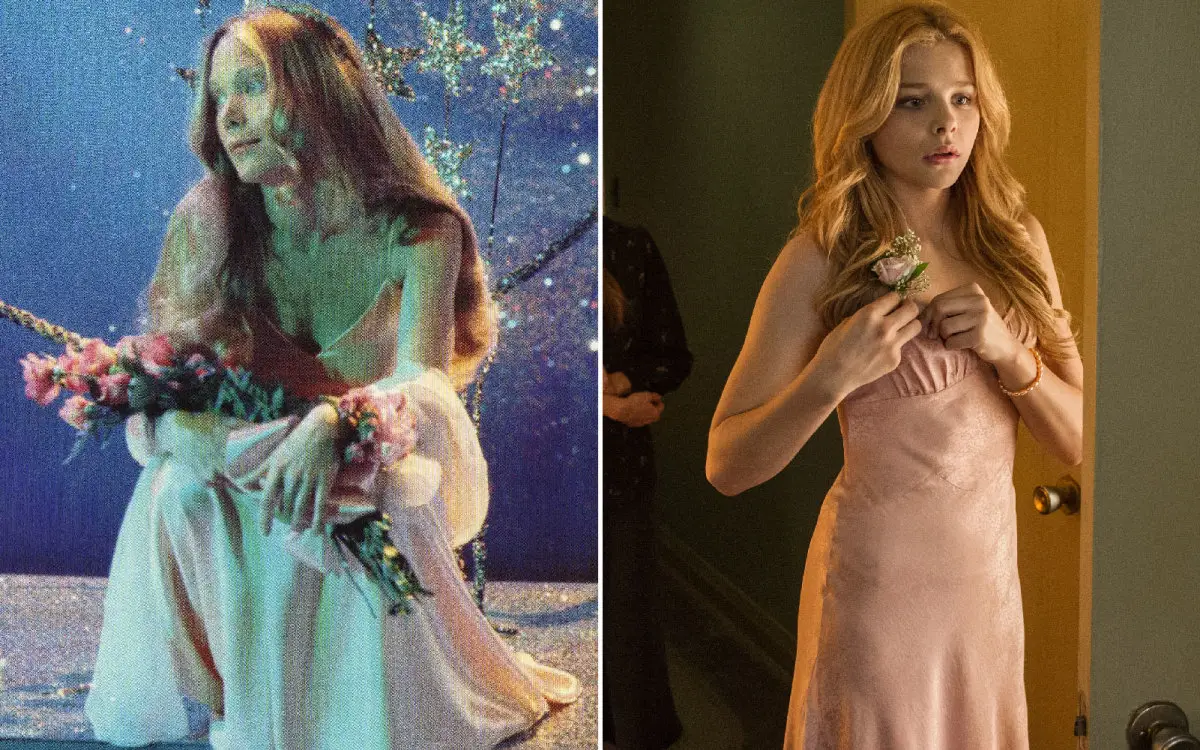 A side-by-side comparison of Sissy Spacek in "Carrie" (1976) and Chloë Grace Moretz in "Carrie" (2013), both dressed in prom dresses. The image highlights the contrast in the portrayal of Carrie White in the two films.