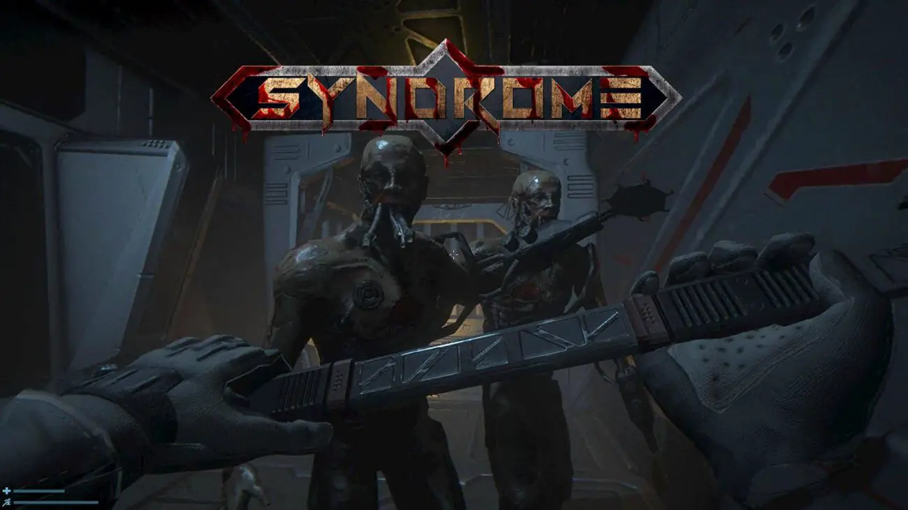 A person in a futuristic suit holding a weapon, facing two grotesque humanoid creatures in a dark, metallic hallway.